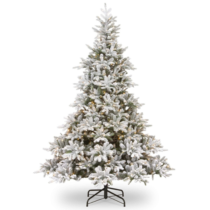 Groen witte kunstkerstboom Andorra met LED verlichting en metalen voet