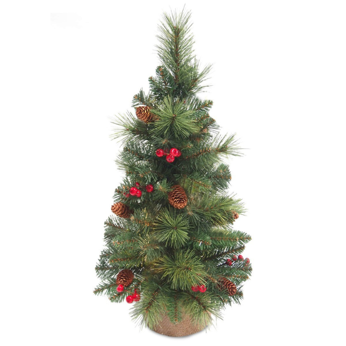 Kleine groene kunstkerstboom Everyday miniature dennenappels rode besjes H 46 cm jute voet