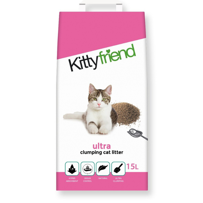 Roze met witte zak met afbeelding kat Kitty Friend Clumping Kattegrit 15 L