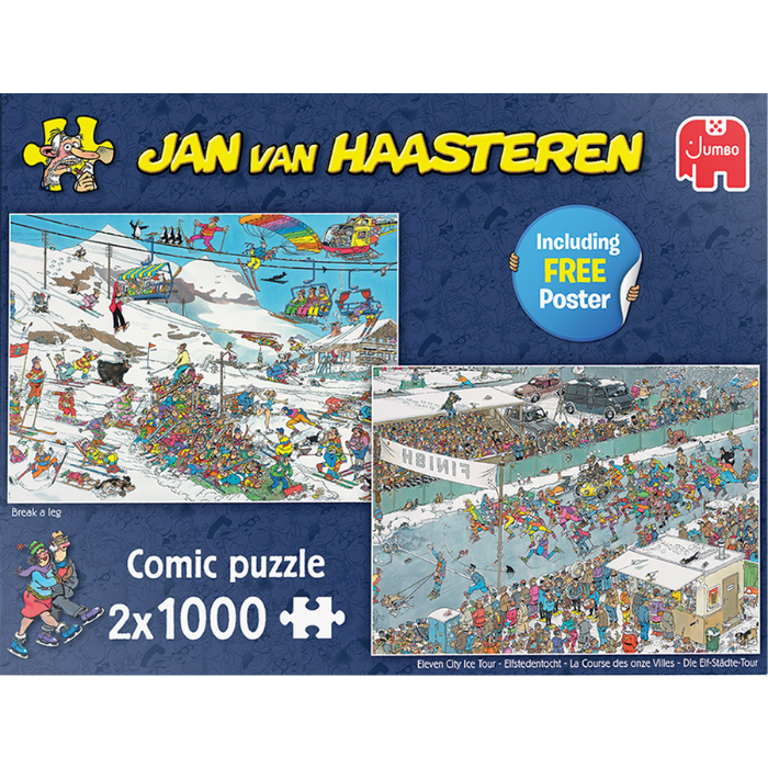 Blauwe doos legpuzzel Jan van Haasteren Wintersport en Elfstedentocht 2 x 1000 stukjes