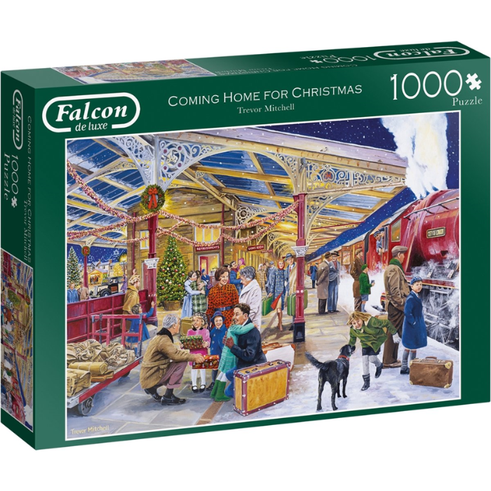 Groene doos Falcon legpuzzel coming home for christmas 1000 stukjes treinstation