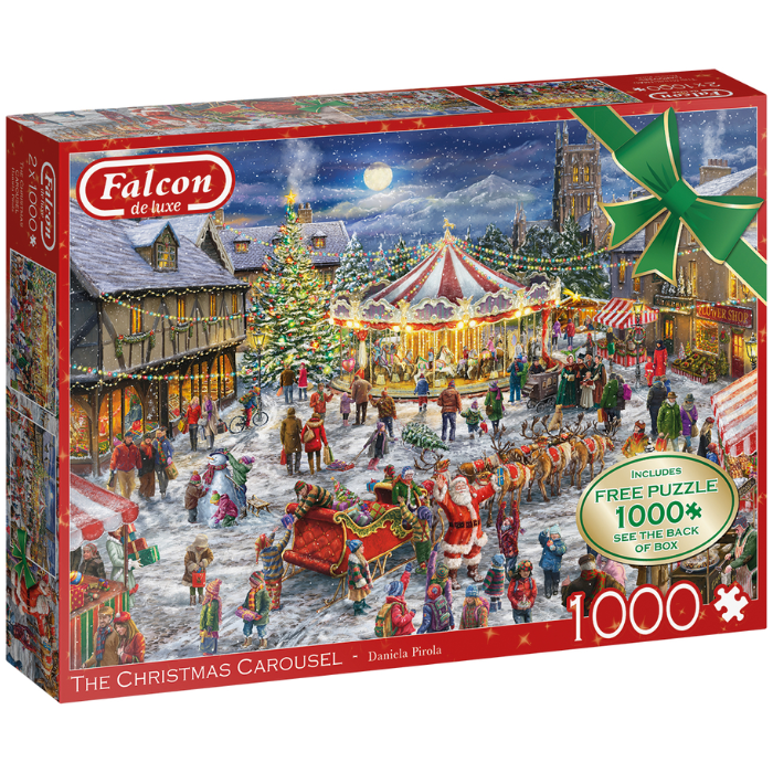 Rode doos Falcon legpuzzel the christmas carousel 2 x 1000 stukjes