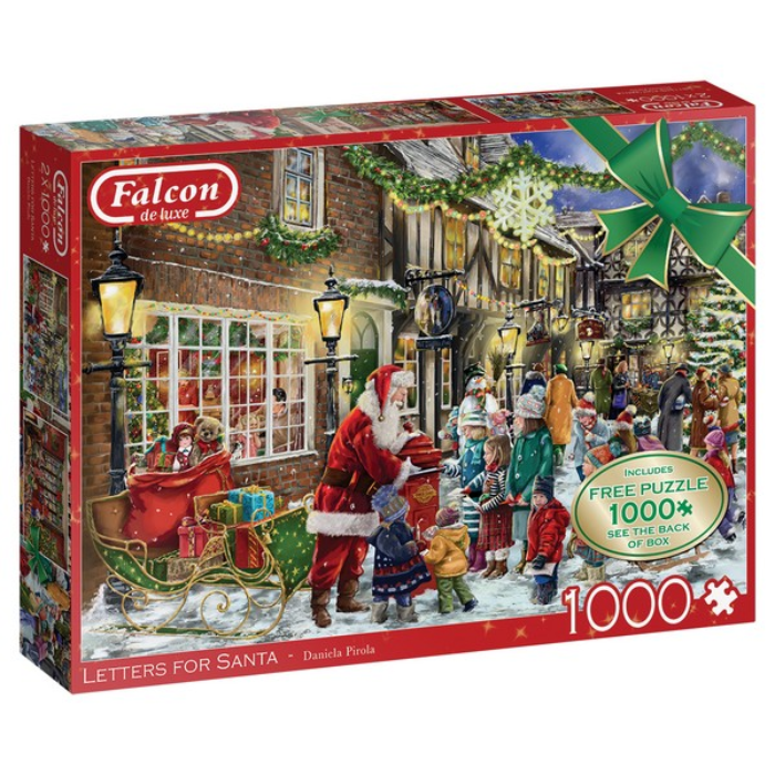 Rode doos legpuzzel Falcon Letters for Santa 2x1000 stukjes buiten