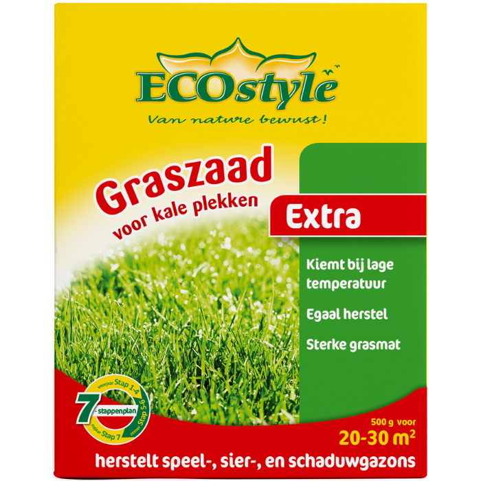 Gele doos groene letters ECOstyle rode letters Graszaad voor kale plekken 500gr