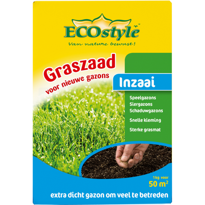 Voorkant gele doos ECOstyle met graszaad inzaai 1 kg