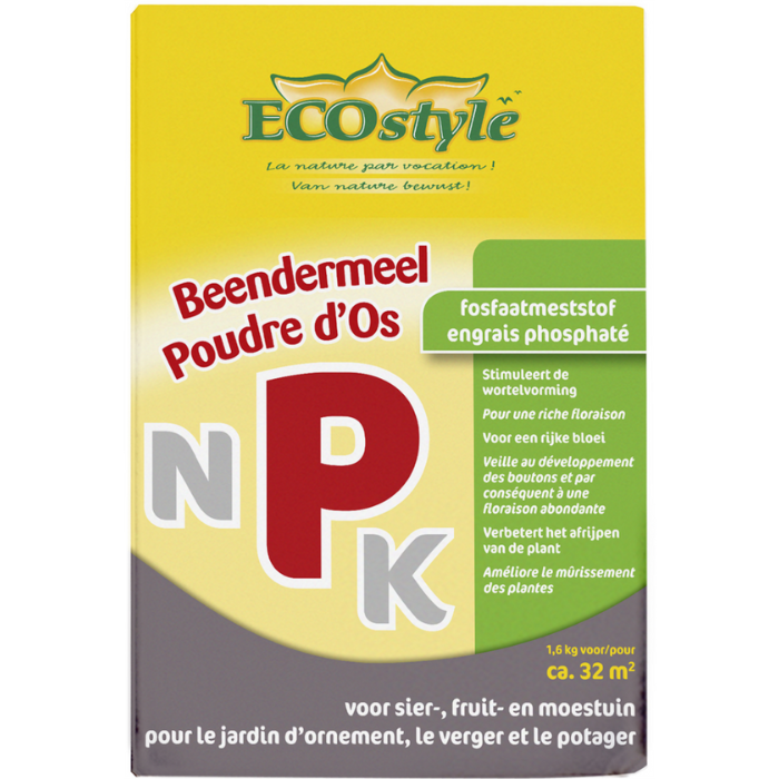 Gele doos ECOstyle Beendermeel Fosfaatmeststof 1,6 kg grote rode P