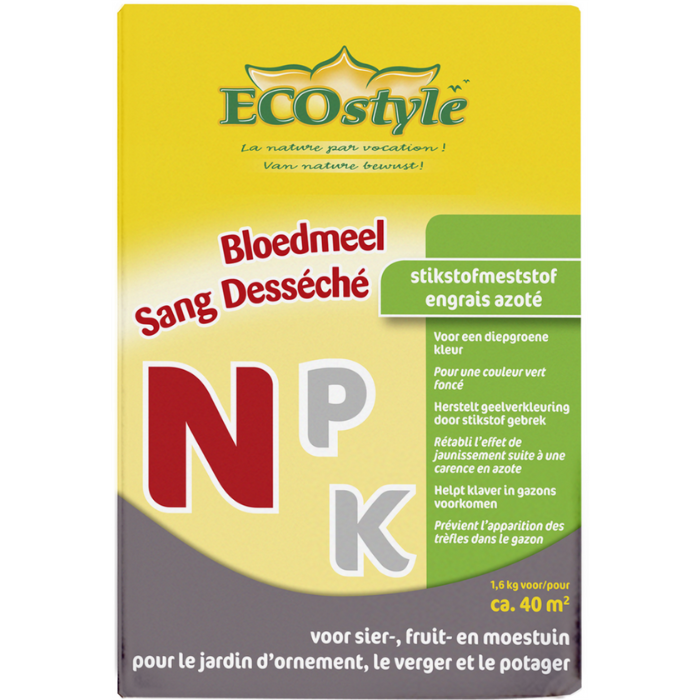 Gele doos ECOstyle bloedmeel 1,6 kg  stikstofmest grote rode letter N