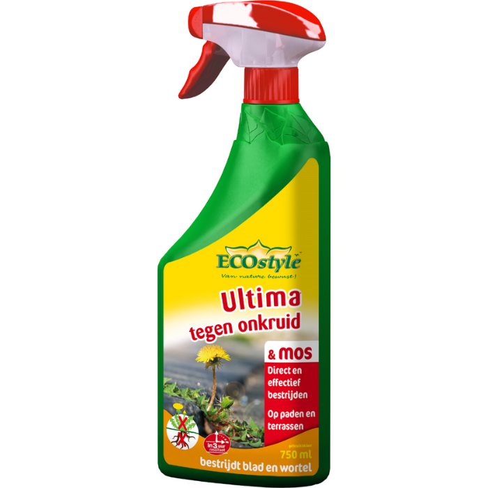 Groene fles met rode dop ECOstyle Ultima tegen onkruid spray 750 ml