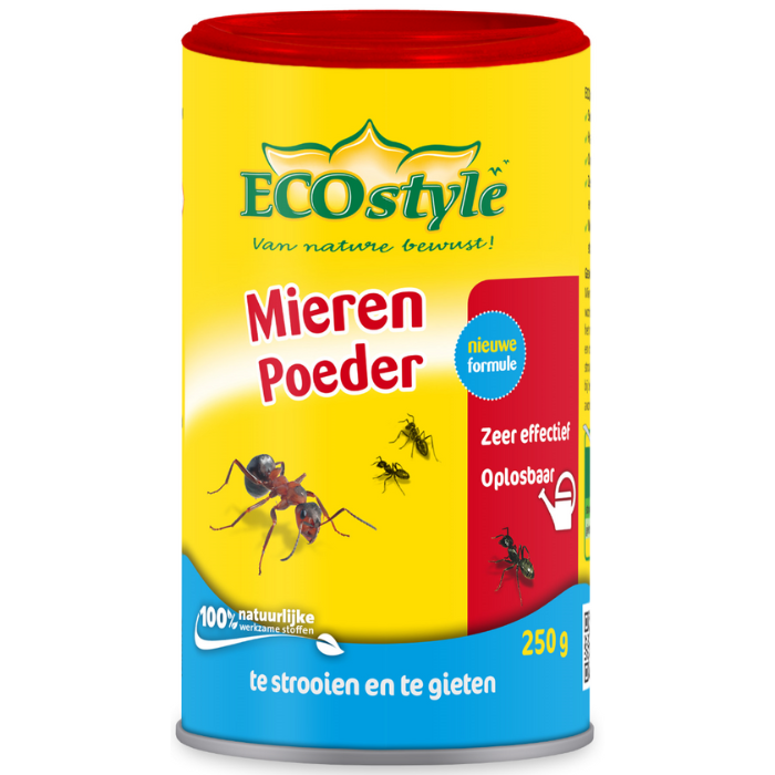 Gele strooibus rode deksel ECOstyle Mierenpoeder 250 gram