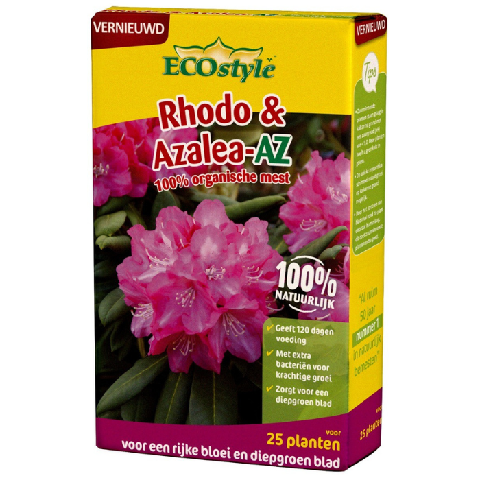 Gele doos ECOstyle rhodo & azalea-AZ 800 gr met afbeelding roze rhodo