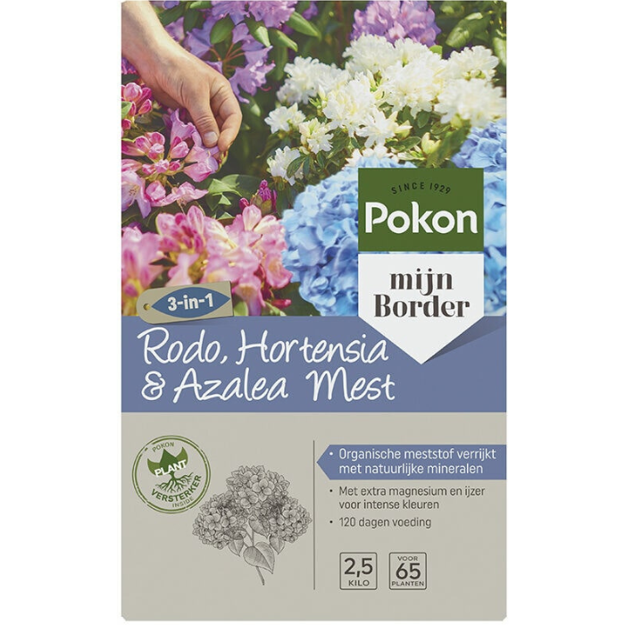 Grijs paarse doos Pokon Rodo, Hortensia & Azalea Mest 2,5kg 3 in 1