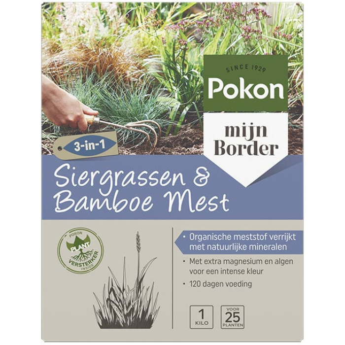 Grijs paarse doos Pokon Siergrassen & Bamboe Mest 1kg