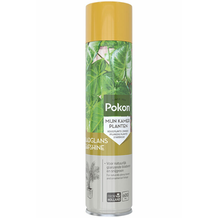 Voorkant spuitbus met gele dop Pokon Bladglans 600 ml