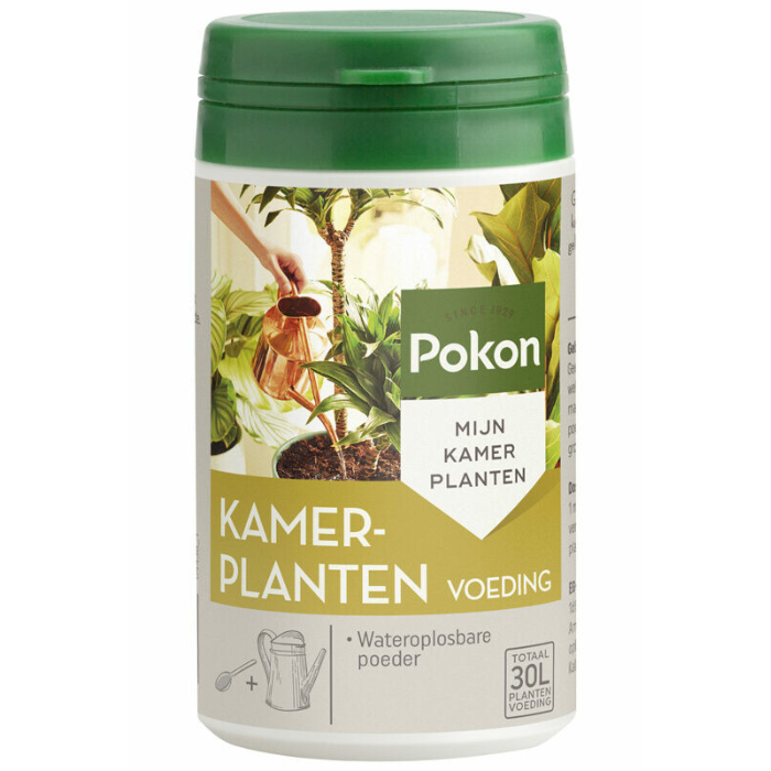 Voorkant wiite strooibus groene deksel Pokon Kamerplanten Voeding Poeder 100 gr 