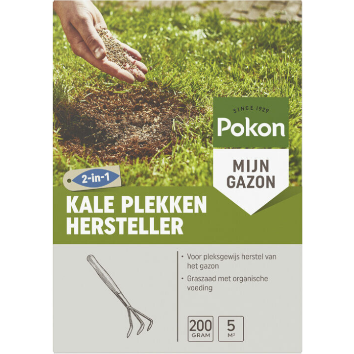 Voorkant groengrijze doos Pokon graszaad kale plekken hersteller 200 gr