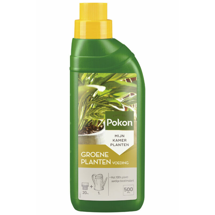 Voorkant groene fles gele dop met etiket Pokon Groene Planten Voeding 500 ml