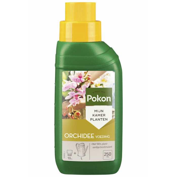 Fles groen met gele dop Pokon Orchidee Voeding 250 ml voorkant