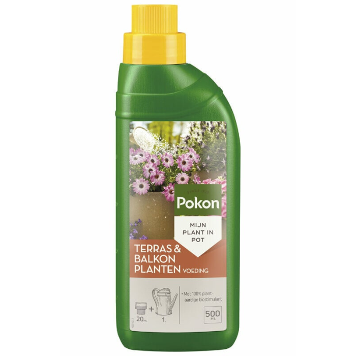 Voorkant groene fles gele dop met etiket Pokon Terras & balkon Plantenvoeding 500ml 