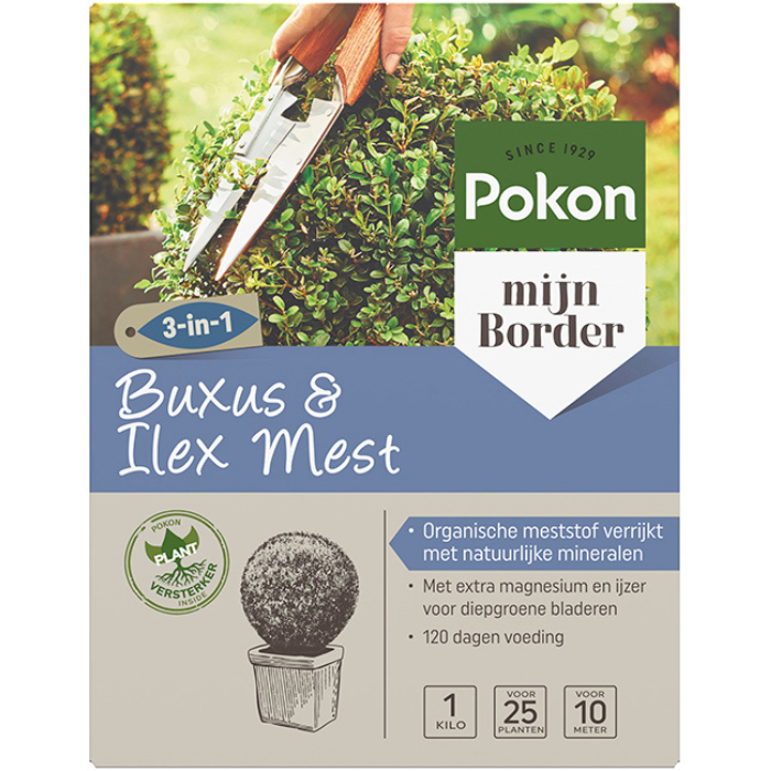 Grijs paarse doos Pokon Buxus & Ilexmest 3 in 1 1 kg