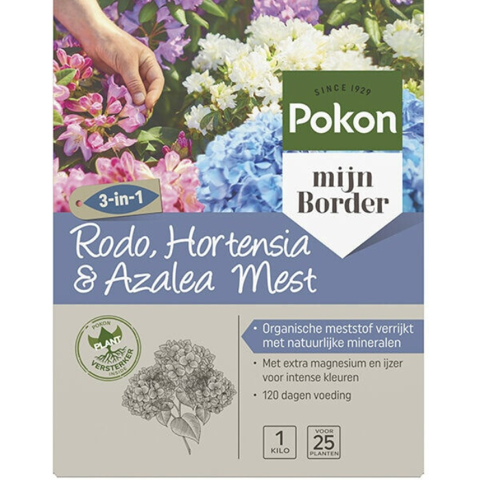 Grijs paarse doos Pokon Rodo, Hortensia & Azalea Mest 1kg 3 in 1