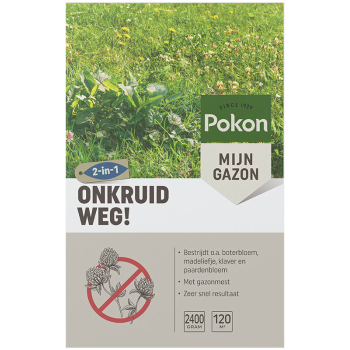 Grijze doos Pokon Onkruid weg 2 in 1 2400 gram groen gras met onkruid