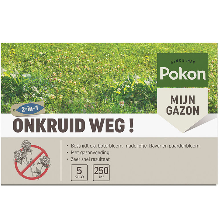 Grijze doos Pokon Onkruid weg 2 in 1 5 kg groen gazon met onkruid