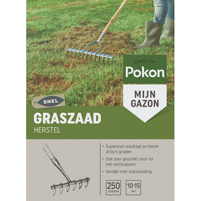 Voorkant doos Pokon graszaad herstel 250 gr afbeelding grasveld met mos