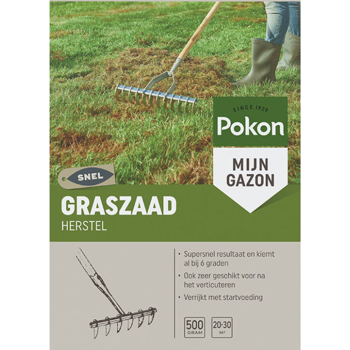 Voorkant doos Pokon graszaad herstel 500 gr gazon mos verticuteerhark