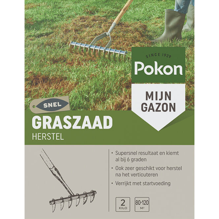 Voorkant doos Pokon graszaad herstel 2 kg gras mos verticuteerhark