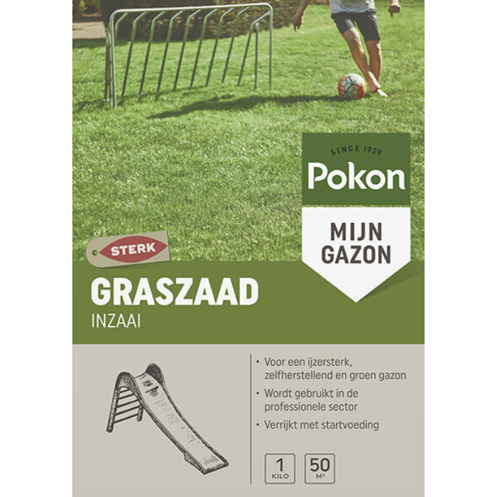 Voorkant doos Pokon Graszaad Inzaai 1 kg voetballend kind op gazon