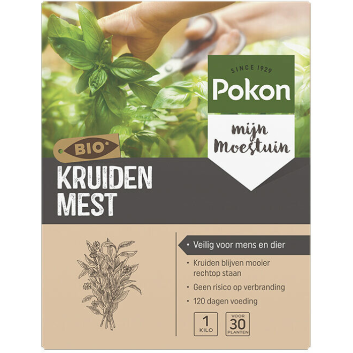 Bruine doos Pokon Bio Kruidenmest 1 kg Hand met groene basilicum