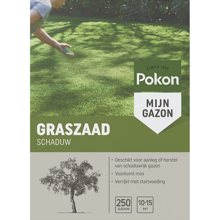 Voorkant doos Pokon graszaad schaduw 250 gr groen gazon in schaduw