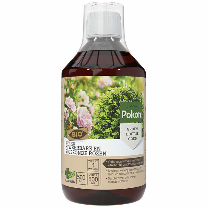 Bruine fles Pokon kuur weerbare gezonde rozen concentraat bio 500 ml