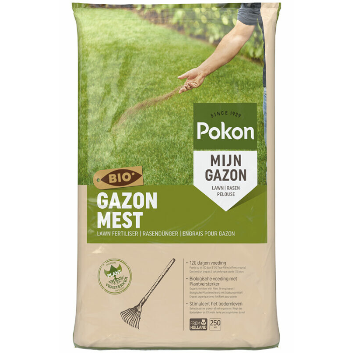 Beige groene zak Pokon gazonmest Bio 16,8 kg