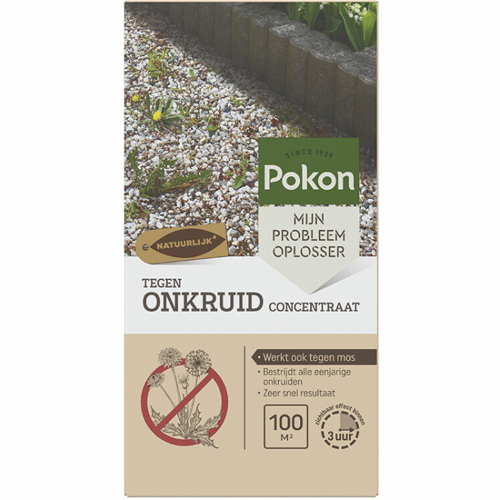 Bruin doosje Pokon tegen onkruid concentraat 225 ml onkruid tussen grind