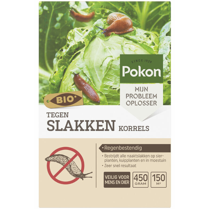 Beige doos Pokon tegen slakken korrels bio 450 gram