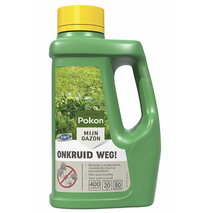 Groene fles gele dop Pokon onkruid weg 2 in 1 400 gram