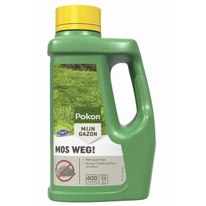 Groene fles gele dop Pokon Mos Weg 2 in 1 400 gram