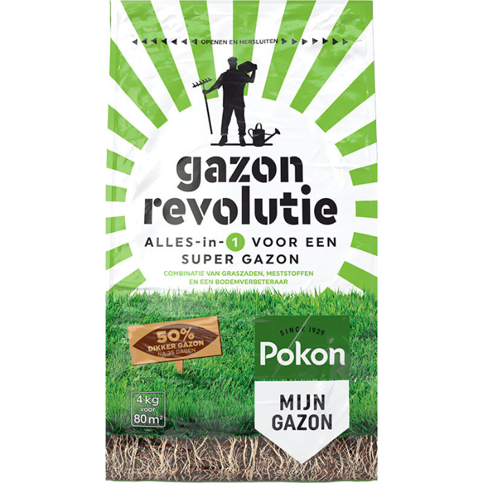 Voorkant stazak groenwit gestreept Pokon gazon revolutie 4 kg