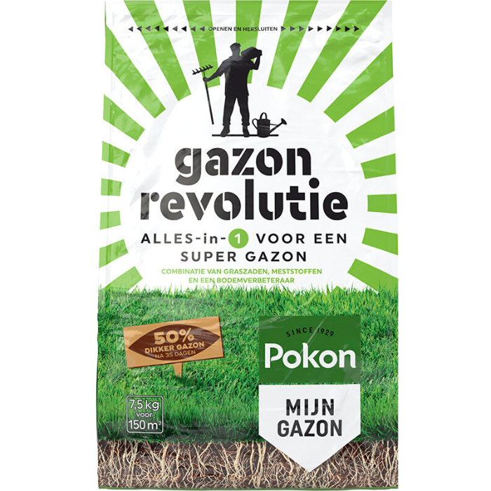 Voorkant groenwit gestreepte stazak Pokon gazon revolutie 7,5 kg