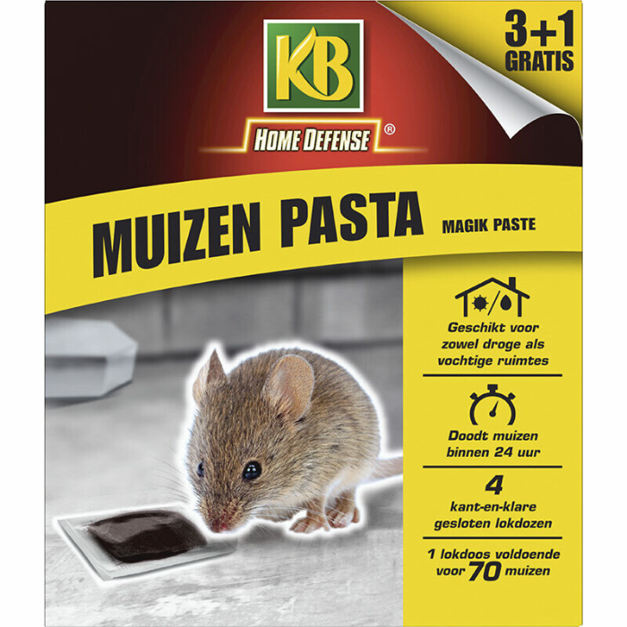 Gele rode doos KB Muizenpasta Magik paste 3 + 1 gratis afbeelding muis