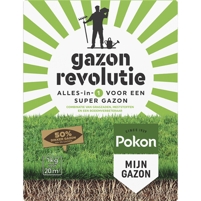 Voorkant groenwit gestreepte doos Pokon gazon revolutie 1 kg