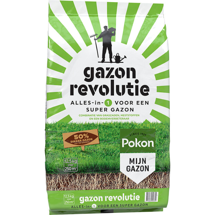 Voorkant groenwit gestreepte stazak Pokon gazon revolutie 12,5 kg