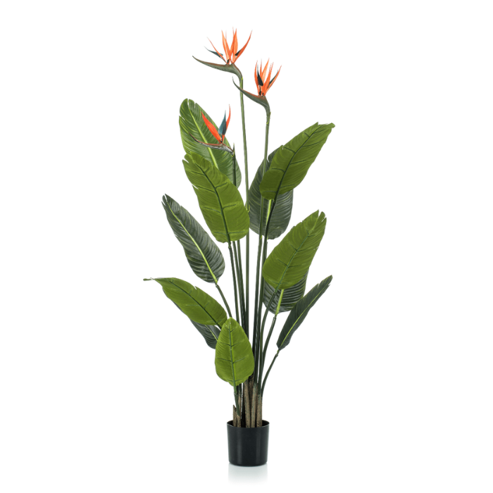 Kunstplant Strelitzia Reginae groen blad 3 oranje bloemen zwarte bloempot