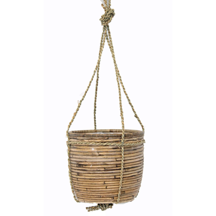 Hanpot rotan met hanger van touw lichtbruin