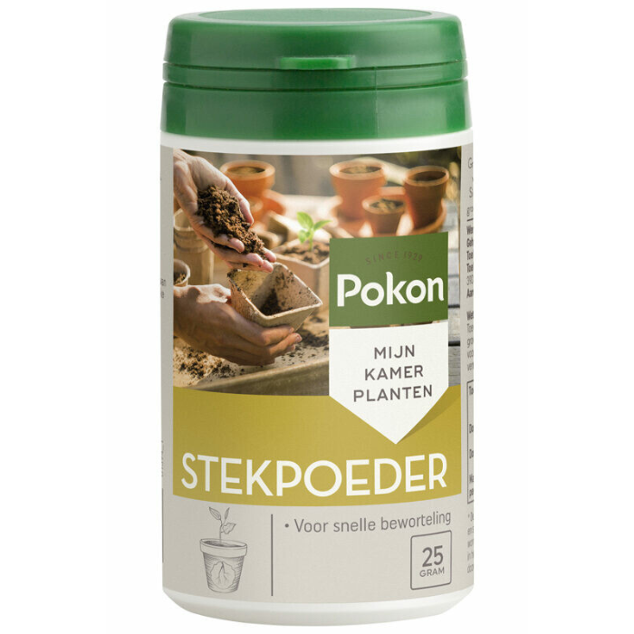 Voorkant Klein wit flesje met groene deksel met Pokon stekpoeder