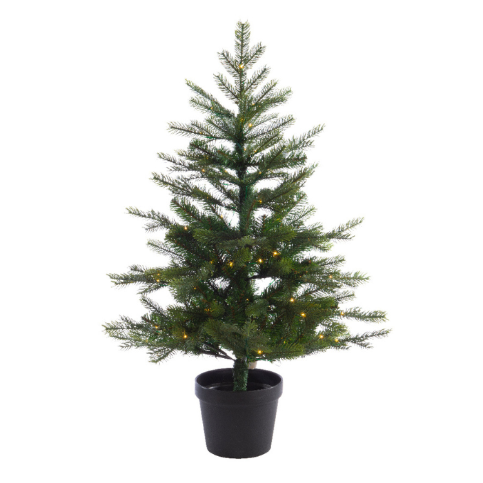 Groene kunstkerstboom in zwarte pot met LED verlichting Hoogte 120 cm