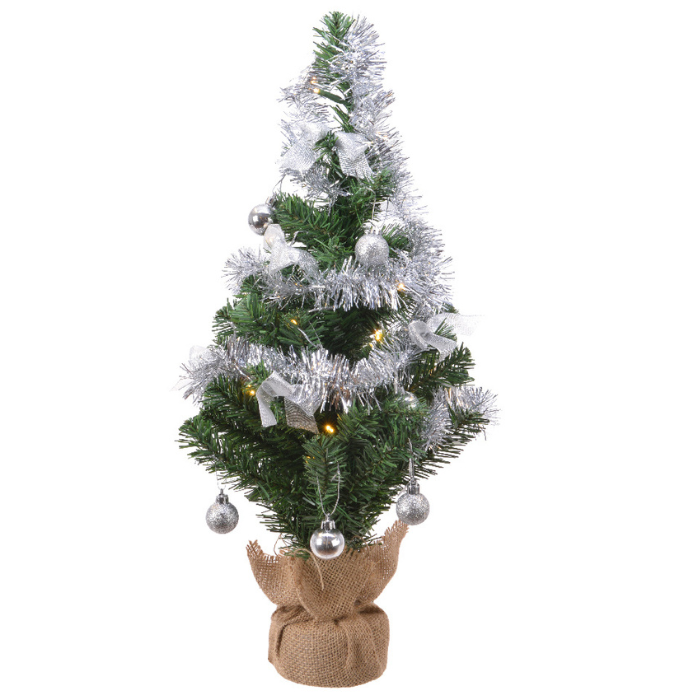 Groene kunstkerstboom zilverkleurige versieringen jute voet H 60 cm