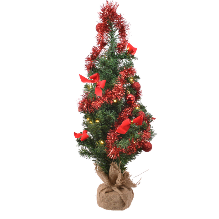 Groene kunstkerstboom rode versieringen jute voet H 60 cm