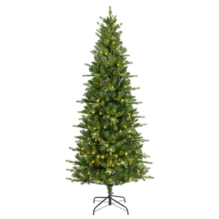 Groene smalle kunstkerstboom Killington LED metalen voet H 240 cm